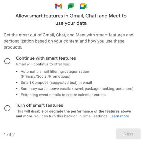 Nuove impostazioni per le funzionalità smart e la personalizzazione in Gmail