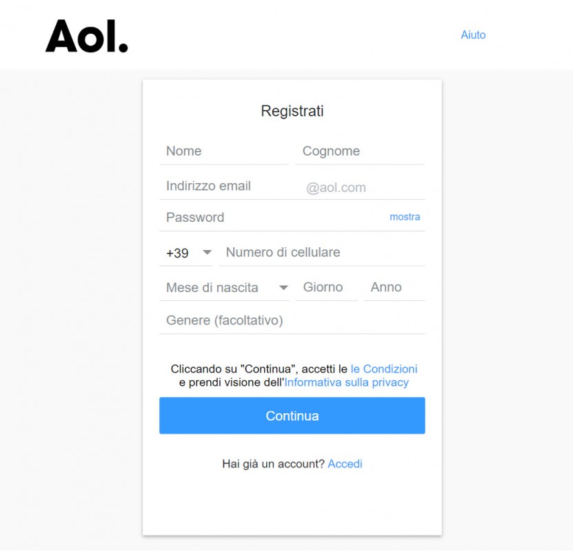 Creare un account AOL Mail