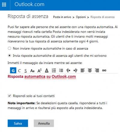 Outlook.com (Hotmail) Risposta automatica